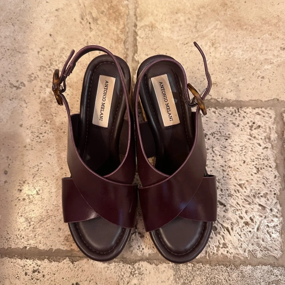 ANTONIO MELANI Dark Brown Leather Wedge Sandals with Woven Platform